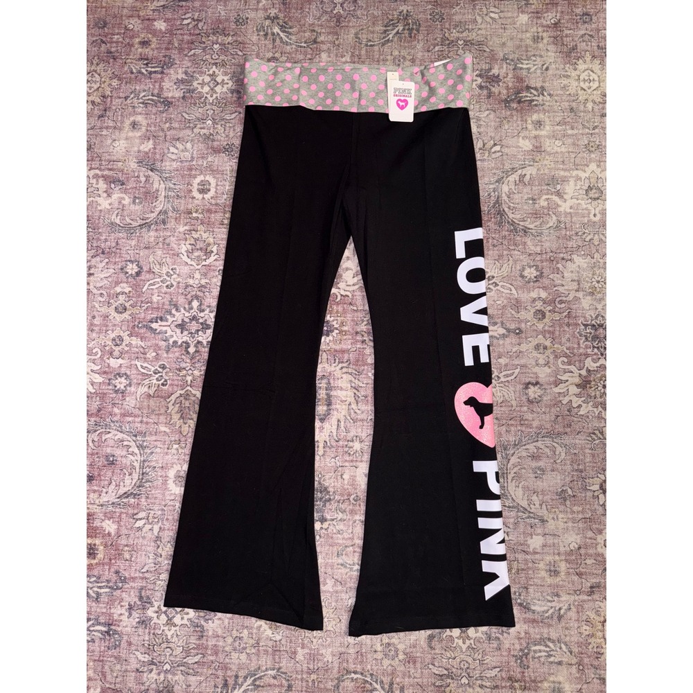 Victoria's Secret PINK Originals Black Flare Yoga Pants Y2K Polka Dot XL NWT